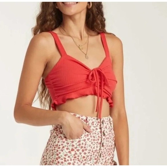 Billabong Red Mimi Bralette soft rib knit Ruffle tie detail Crop Top Size Medium - Picture 6 of 14